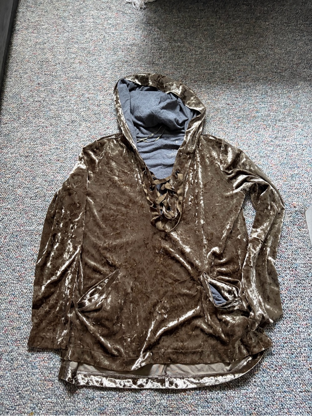 Juicy Couture Crushed Velvet Hooded Lace-Up Top in Olive Brown